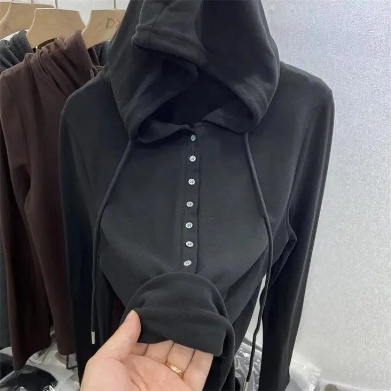 Women Hooded Long Sleeve Top Double Sided Fleece Button Placket Warm Soft Casual Autumn Winter Basic Undershirt