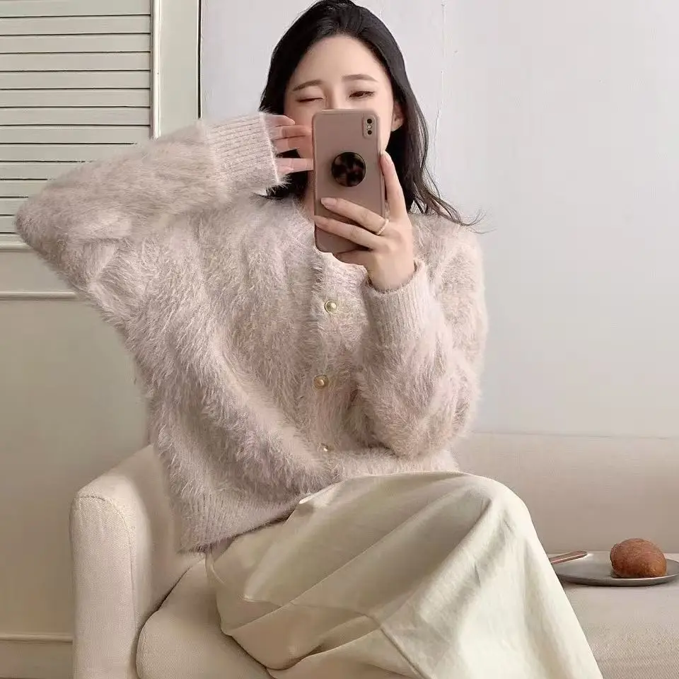 Cardigans femininos, gola redonda, suéteres sólidos de peito único, jaquetas quentes outono inverno 2025