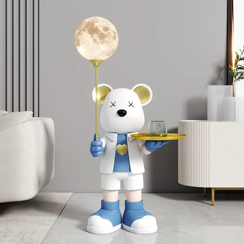 Bear Figurine with Moon LED Lamp Tray Modern Resin Bear Statue Luxury Cartoon Home Decorations for Living Room Floor Decor Gift