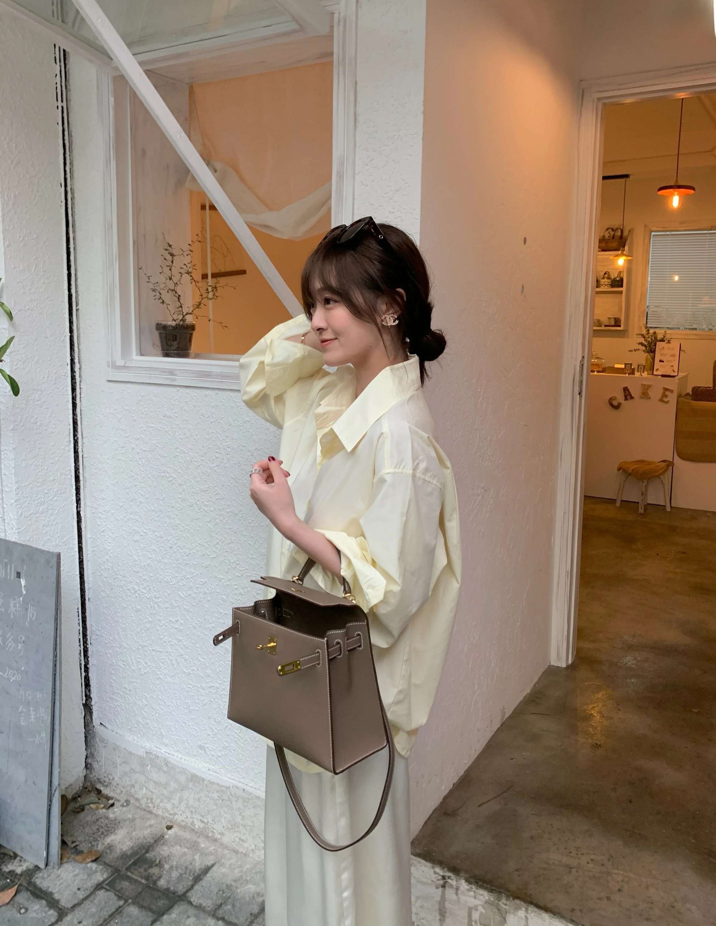 

JAM Summer Scent Two-Tone Long Sve irt Design Sensation Hong Kong Sle Pure Color Versatile Early Autumn Top