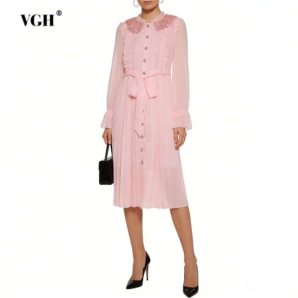 

VGH Gentle Sweet Solid Slimming Dresses For Women Round Neck Long Sleeve High Wait Spring Elegant Draped Dress Female Fashion