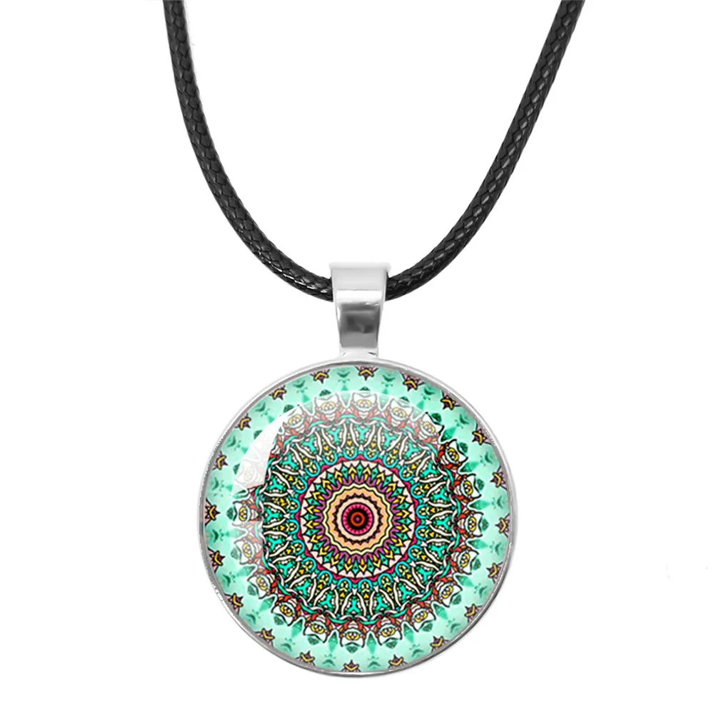 Classic Flower Of Life Rope Chain Glass Pendant Necklaces Mandala Elegant And Complex Pattern Necklaces Women Cabochon Jewelry