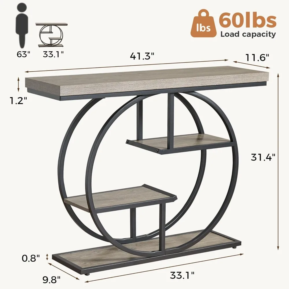 طاولة أريكة، طاولة مدخل صناعية من 4 طبقات مع قاعدة دائرية وسطح سميك 1.7، طاولة وحدة تحكم ضيقة مع مساحة تخزين لـ #2