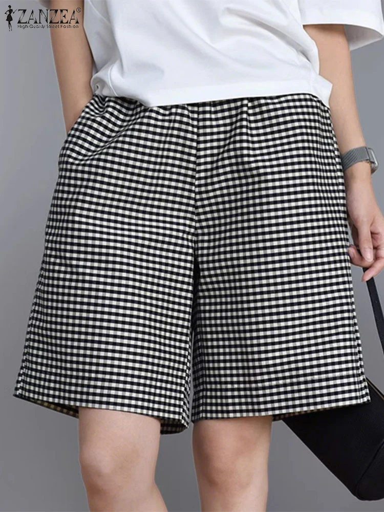 ZANZEA Summer Casual Elastic Waist Shorts Women Plaid Checked Pants Fashion Korean Style Elegant OL Work Palazzo Pantalon 2025