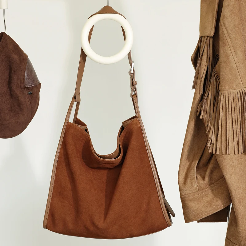 Genuine Leather Suede Women Handbags 2026 Luxury Brand Messenger Shoulder Bags Female Tote Cowhide Large Capacity Crossbody Bag