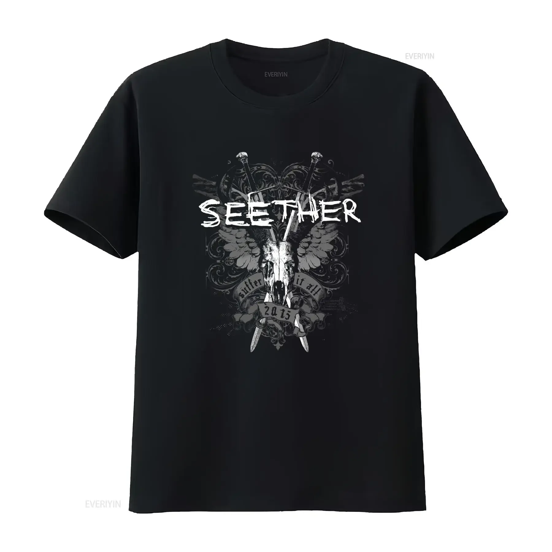 Seether Suffer It All 2015 Licensed Rock N Roll Music Band Black T Shirt with Skull Wings and Swords Design vintage Washed