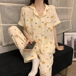 2023 Summer Cotton Short Sleeve Long Pants Pajama Sets For Women Korean Cute Cartoon Sleepwear Suit Pyjama Homewear Home Clothes