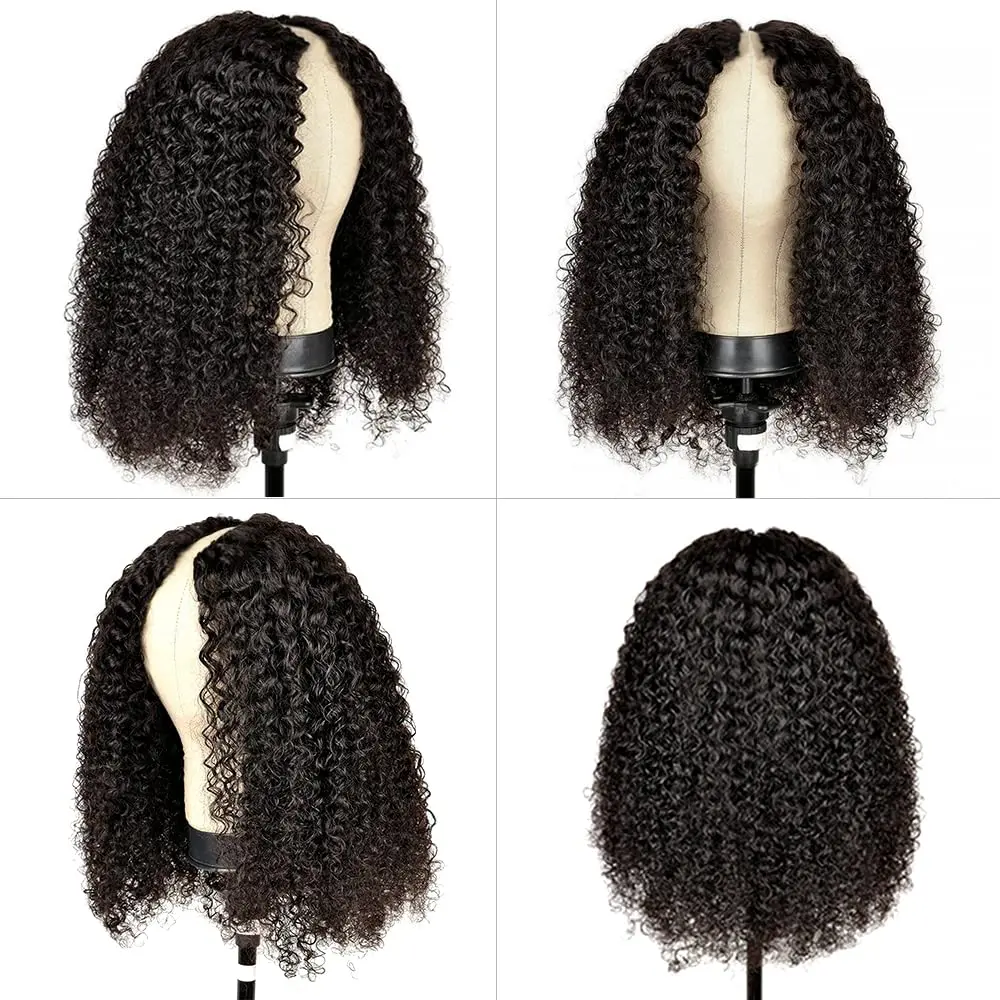 Kinky krullend V-deel Bobpruik Pruiken van echt haar V-deel Voorgeplukte pruiken van echt haar Machinegemaakt 180% Dichtheid Natuurlijke kleur