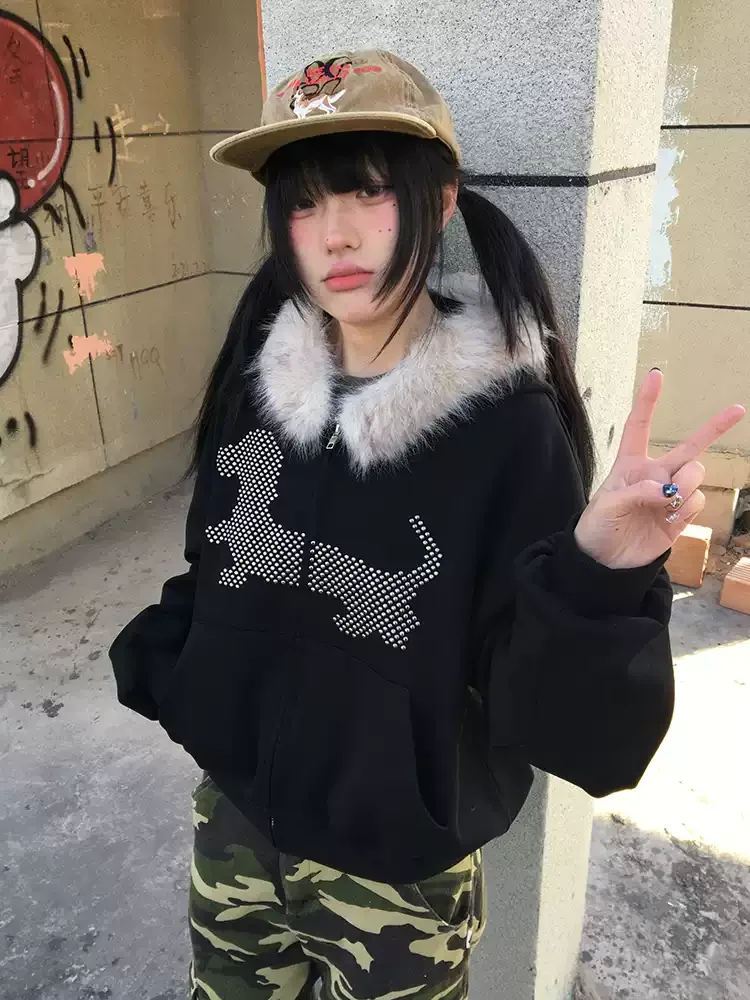 Japanese Design Fur Vintage Coats Women Fashion Graphic Y2k Hooded Jackets Harajuku Grunge Aesthetics Zip Korean Popular Clothes