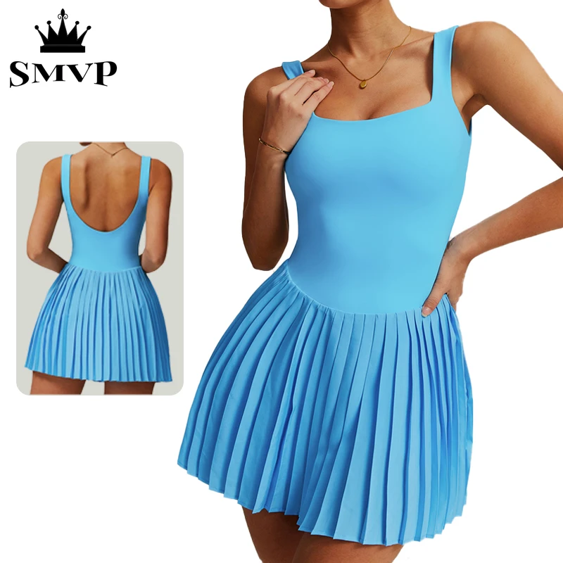 

Smvp fake two-piece yoga pleated dress with built-in leggings side pockets, fitness sports women's clothing