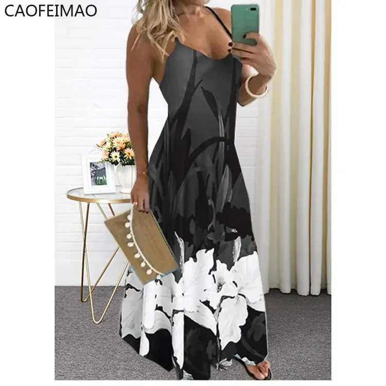 2023 Donne Casual Scollo A V Cinghie di Spaghetti Stampa Floreale Abito Lungo Estate Sexy Boho Orlo Grande Sling Maxi Abiti Robe Femme