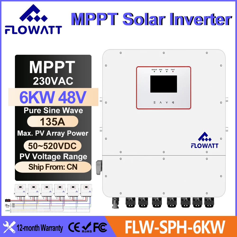 

Гибридные солнечные инверторы FLOWATT 6 кВт, 48 В, параллельная модель, 220 В переменного тока с чистой синусоидальной волной MPPT 135A, контроллер заряда солнечной батареи, встроенный WIFI