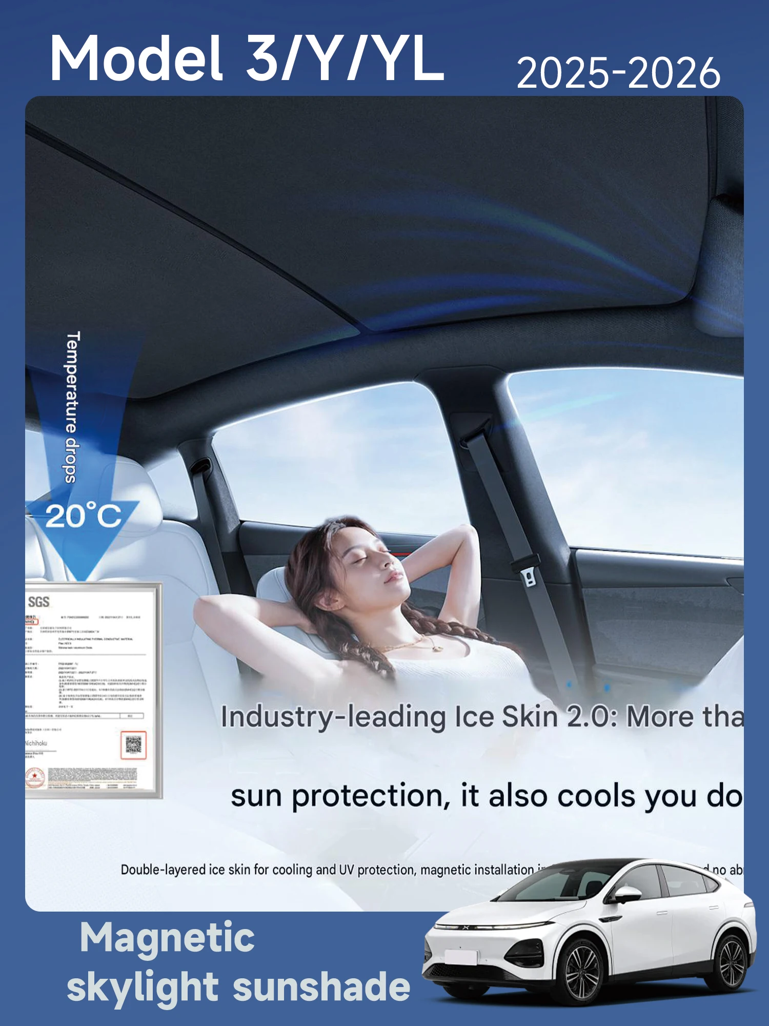 [Fast Shipping] New Model 3/Y/YL Front and Rear Windshield Sunroof Magnetic Sunshade, Double-Layer Ice Skin Sun Protection and C