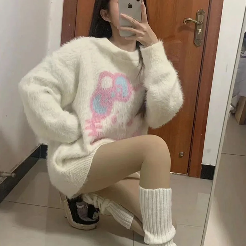 日本のハローキティセーターアニメサンリオかわいい長袖女の子トップスルーズOネックニットセーター秋冬ニットウェア