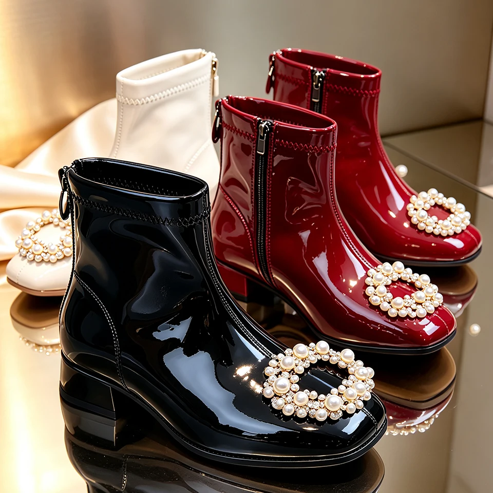 Fashion Short Girls Patent Leather Ankle Boots Square Toe High Heels Booties for Wedding Party Birthday Holiday Formal Events