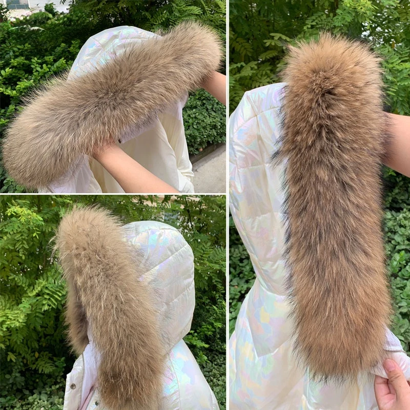 Real Fur Collar Fur Trim For Kids Women Coats Luxury Natural Raccoon Fur Scarf Coat Hood Fur Decor Collar Winter Warm Kids Scarf