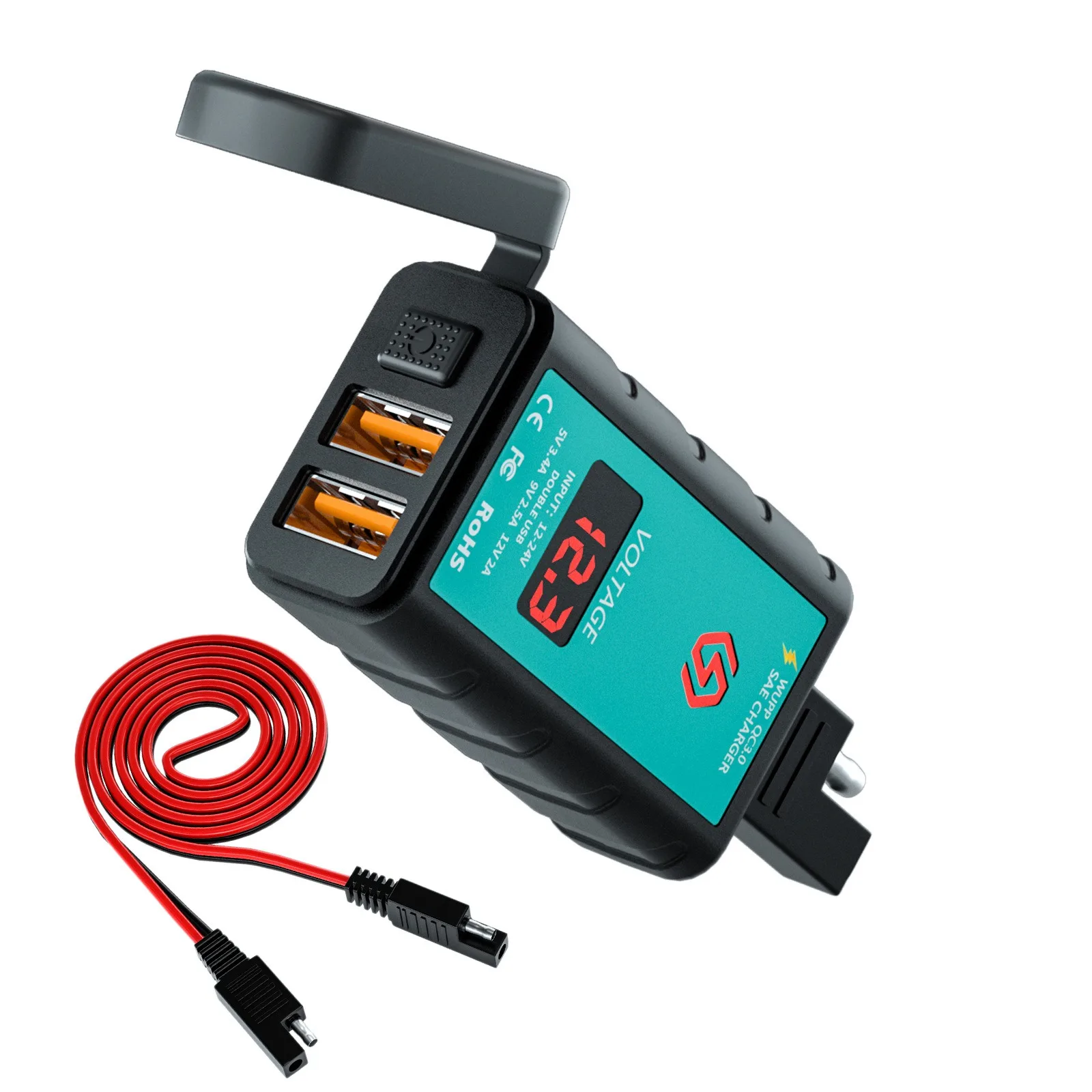 

12-24V Motorcycle Double USB 3.4/2.5A Charger SAE to USB with LED Voltmeter Switch SAE to SAE Connector Quick