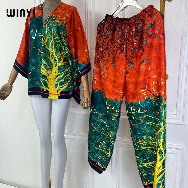 WINYI Elegant Woman fashion Print Suits 2021 Spring Ladies holiday Suits Ladies Vocation Beach Loose Blouse Set Female Pants