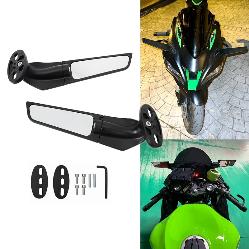 Espejos retrovisores modificados, ala de viento, espejo lateral giratorio ajustable para Kawasaki ZX6R, ZX10R, ZX12R, Ninja 250, 300, 400, 650, H2,