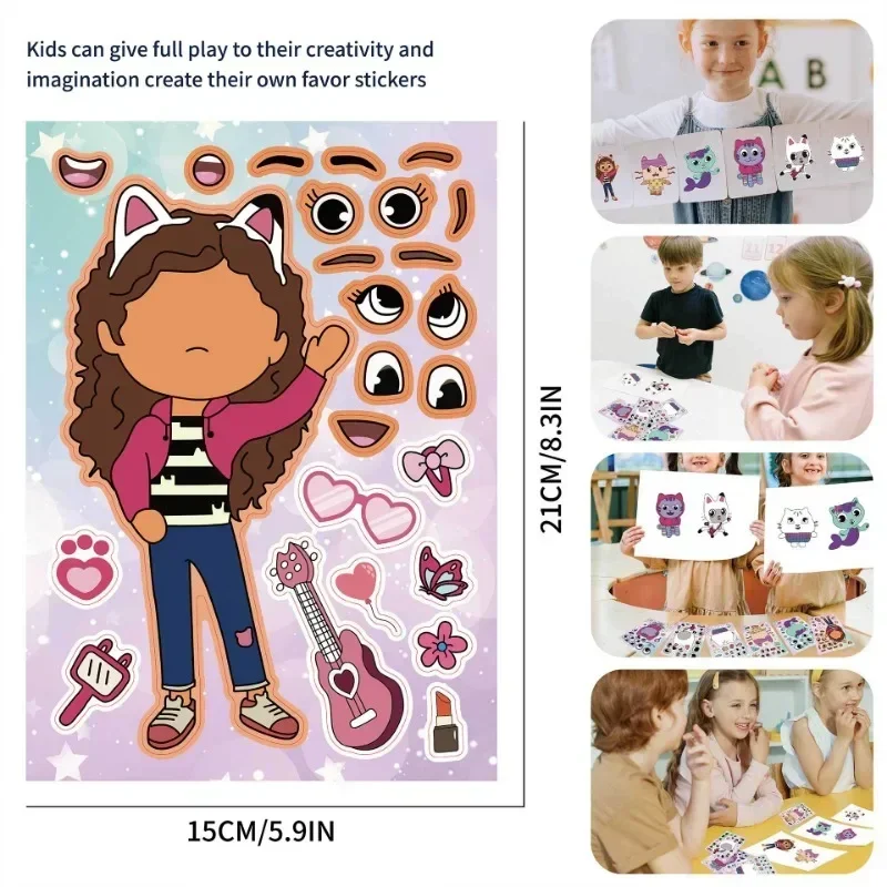 12pcs Gabby Dollhouses Stickers Cartoon Parent-child Interactive Puzzle Ledger DIY Face Stickers Kawaii Stationery Kids Toys