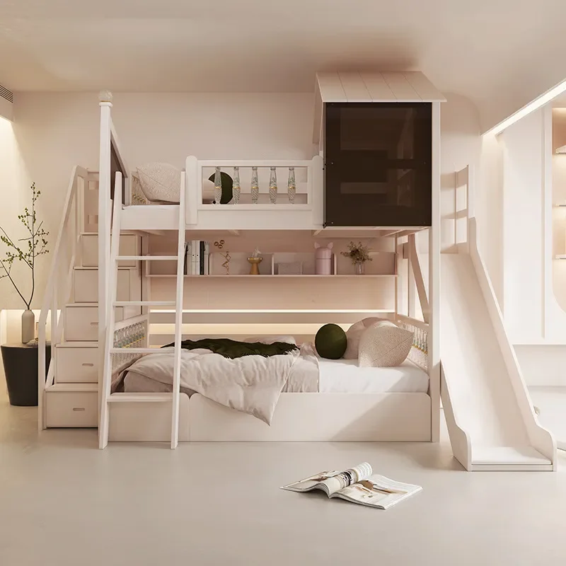 Solid Wood Tree House Bunk Bed for Girls Castle Princess Theme Two Layer High Low Bed with Guardrails Childrens Furniture