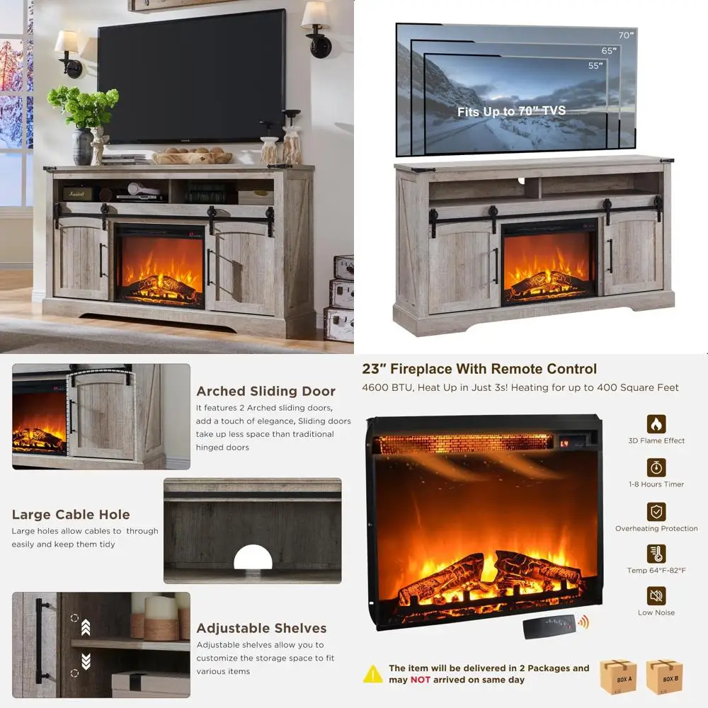 

70 Inch Rustic Entertainment Center with Electric Fireplace, Tall Highboy Media Console