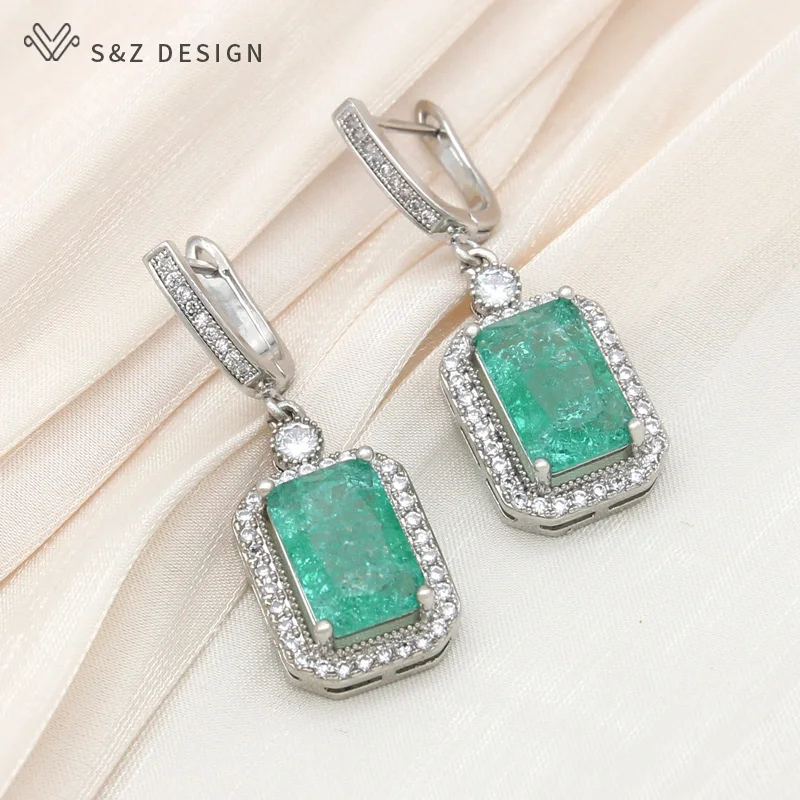

S&Z DESIGN New Fashion Rectangle Ice Crack Crystal Drop Earrings For Women Wedding White Gold Color Zirconia Jewelry