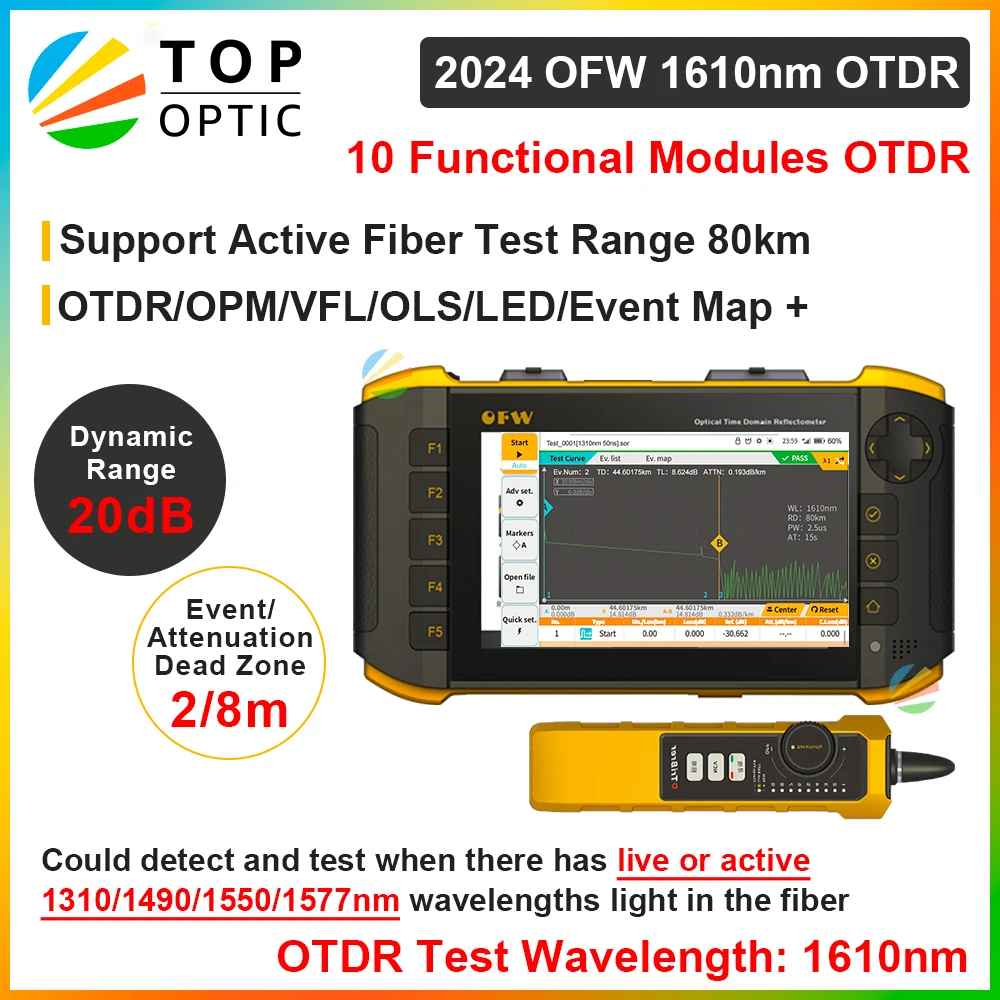 OTDR-タッチスクリーン付きミニOTDRアクティブファイバーライブテスター,オプティカルリフレクター,OPM, VFL,IOLA,1610nm, 20dB, 10 in 1,新品