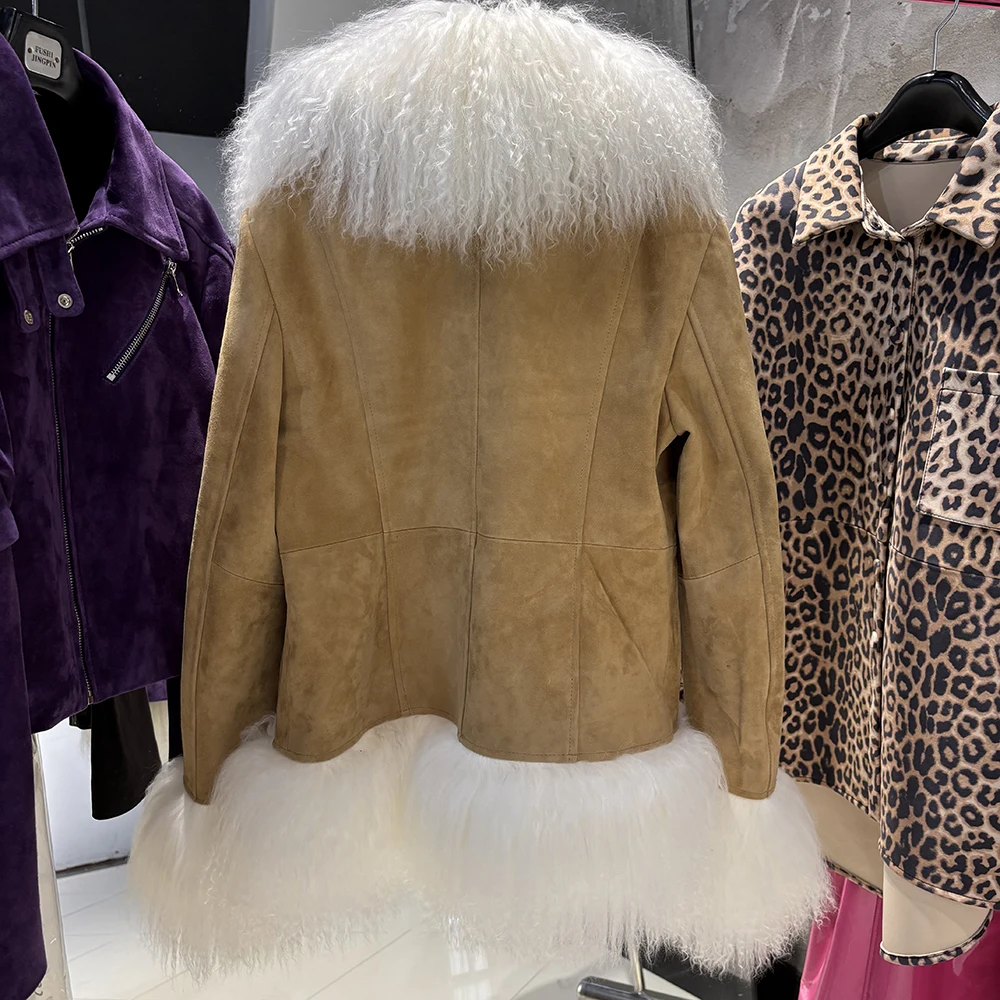 YOLOAgain Real Mongolia Sheep Fur Collar Real Leather Jacket Coat Women