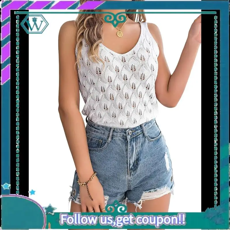 

A09P Womens Summer Crochet Tank Tops Knit Sleeveless Scoop Neck Sweater Vest Boho Hollow Out Cover Ups