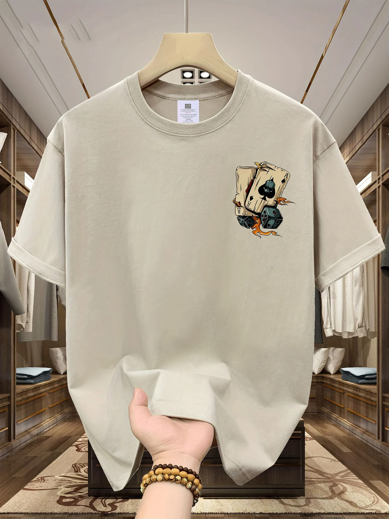 Men's summer 100% pure cotton fashionable casual loose creative poker and dice printed sports round neck short sleeved T-shirt image 6