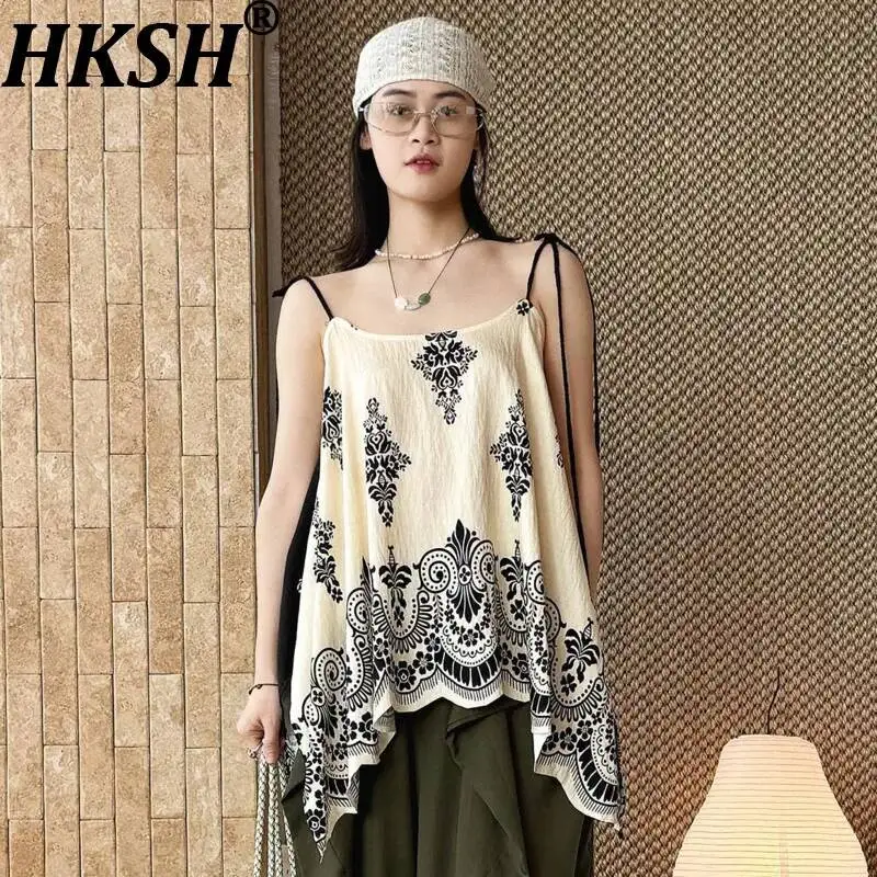

HKSH Women's Camisole Vest French Vacation Bohemian Style Double-sided Printed Lace-Up Strap Sleeveless Tank Top Summer HK24405