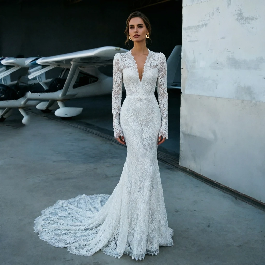 

Customized Classic V-Neck Mermaid Wedding Dress with Long Lace Sleeves, Sweep Train Bridal Gown, Elegant White Vestido De Novia