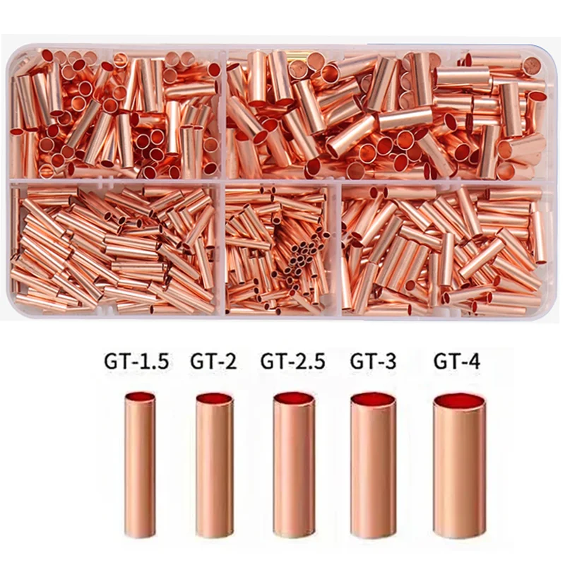

500pcs GT Copper Connecting Pipe Wire Joint Small Copper Tube Terminal Cable Lug Butt Terminal Assortment Kit