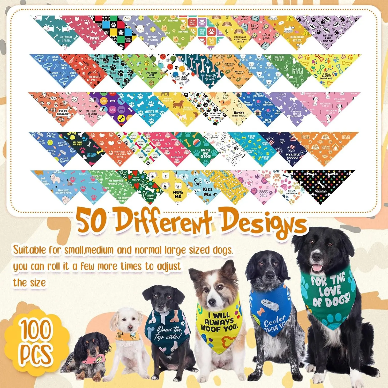 100 Stück Hunde-Bandanas, große Pfotenabdruck, Hundeschal, Lätzchen, Welpen-Haustier-Bandanas mit Captions, verstellbarer, waschbarer Dreiecksschal für Haustiere – Detail 3
