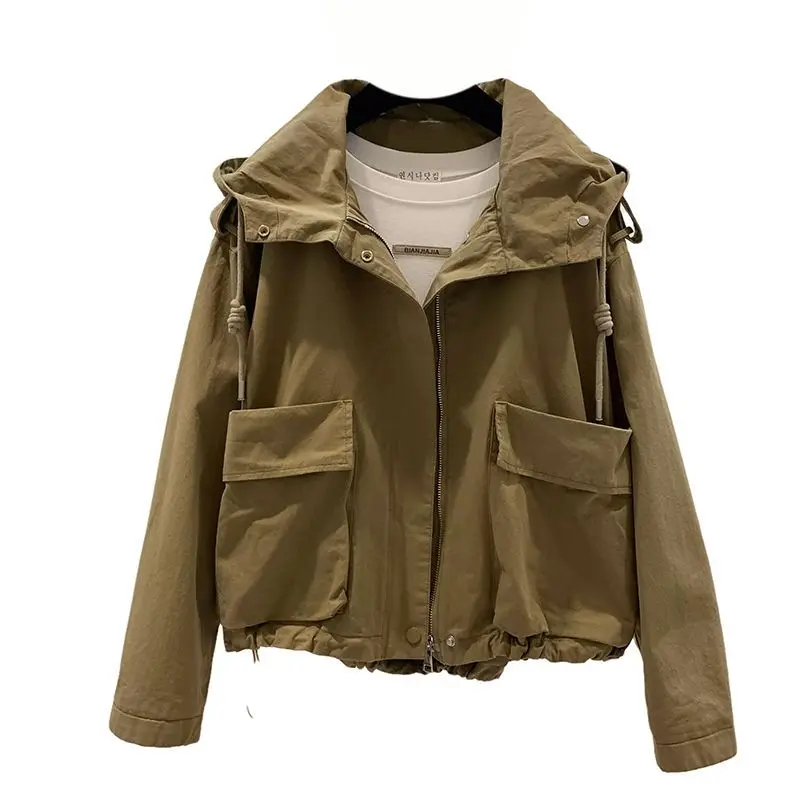 

2024 Spring Autumn Oversized Windbreaker Sack Women Long Sleeve Hood Drawstring Zipper Jacket Black khaki Olive Green B538