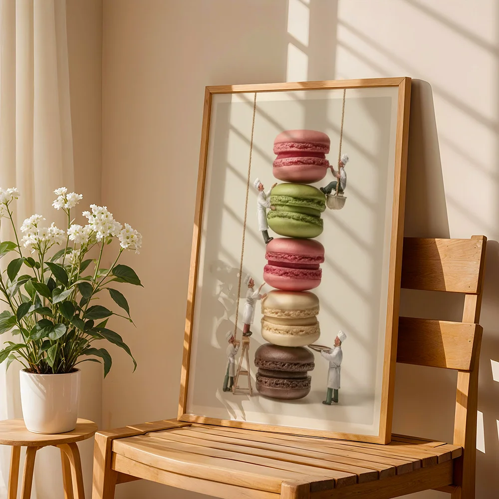 Abstract Mini Chefs Stacking Macarons Canvas Wall Art,2D Print,Wall Decor For Kitchen Dining Room,Aesthetic Home Decor Gift