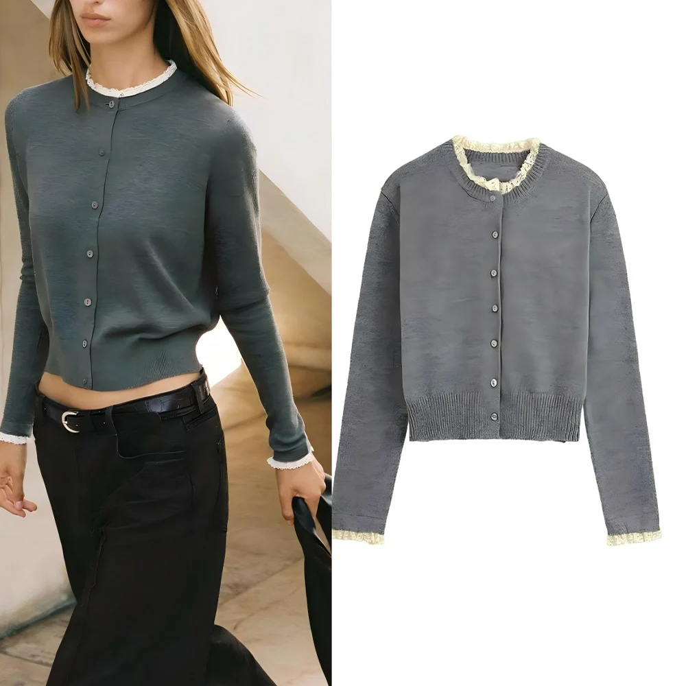 

Women's 2025 new fashion slim short spliced lace collar knitted cardigan retro long sleeved Button-up women's coat chic top