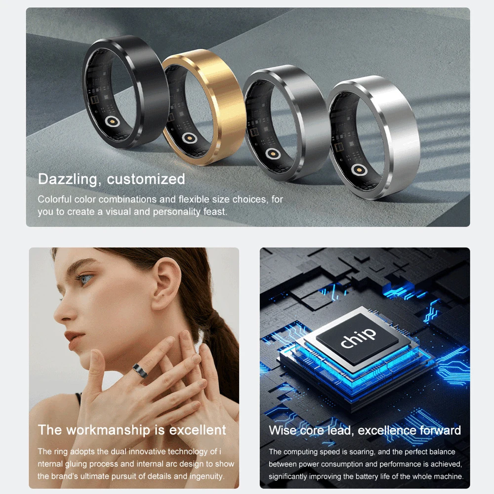 5ATM Waterproof Heart Rate Blood Oxygen Health Blue Tooth Smart Ring Step Counting Sports 304 Stainless Steel Rings Men Women