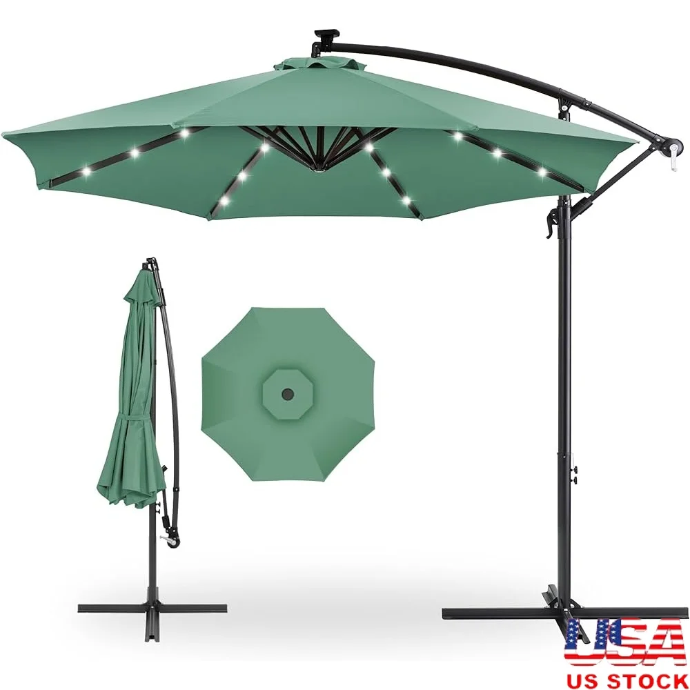 

10ft Solar LED Patio Umbrella Offset Hanging Shade Easy Tilt Adjustment Outdoor Party Backyard Garden Poolside Lightweight