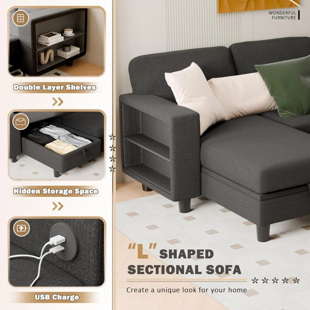 Sleeper Sofa Bed, L Shaped Sectional Convertible Couch with Storage Chaise, USB Charging Ports & 2 Built-in Bookshelves