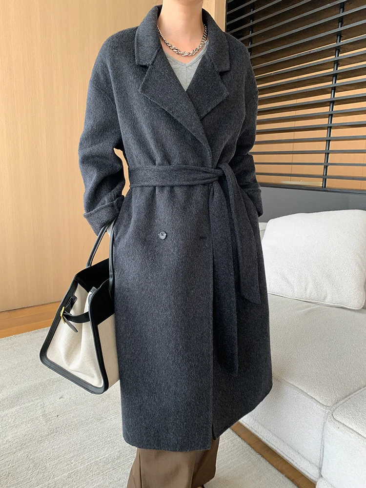 [EAM] Gray Big Size Elegant 62% Wool Woolen Coat New Lapel Long Sleeve Women Jacket Fashion Tide Autumn Winter 2024 1DH7556