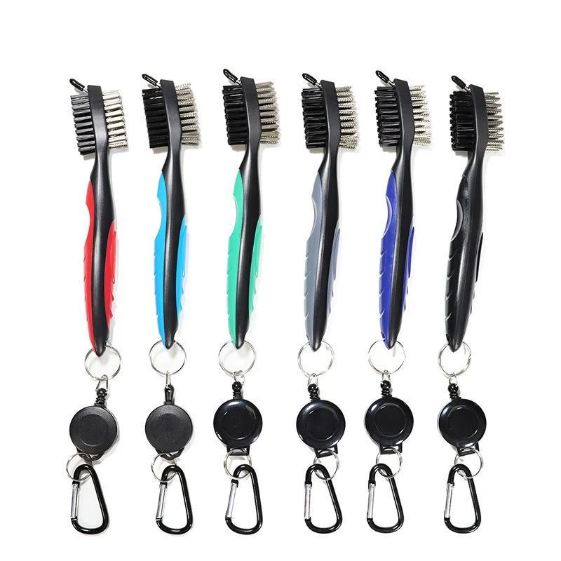 1pc Golf Club Brush Groove Cleaner Retractable Dual Sided Nylon Bristles Aluminum Carabiner Groove Cleaner Groove Cleaning