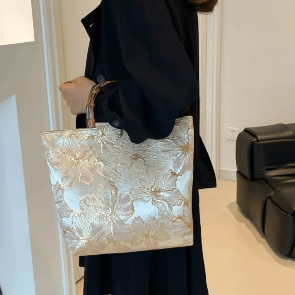 Canvas Jacquard Tote Bag Cheongsam Accessories Large Capacity Chinese Style Handbag Bamboo Joint Handheld Zipper Closure