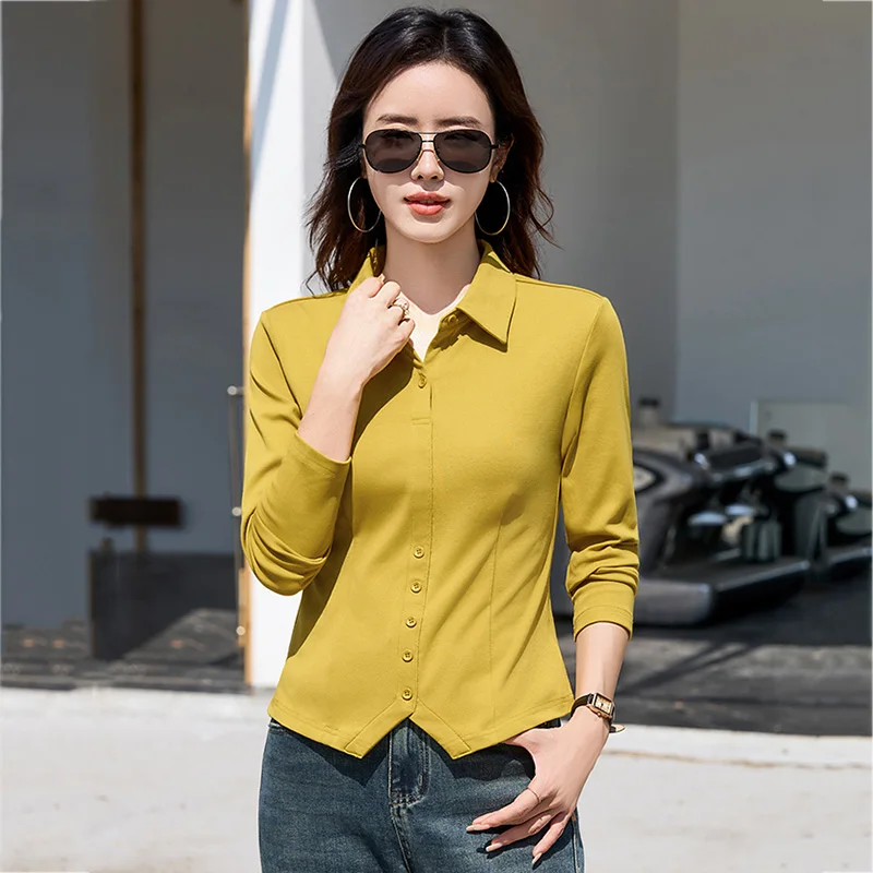 

New Women Spring Autumn Long Sleeve T-shirt Fashion Button Turn-down Collar Slim Waist Basic Tees Casual Daily Female T-shirt