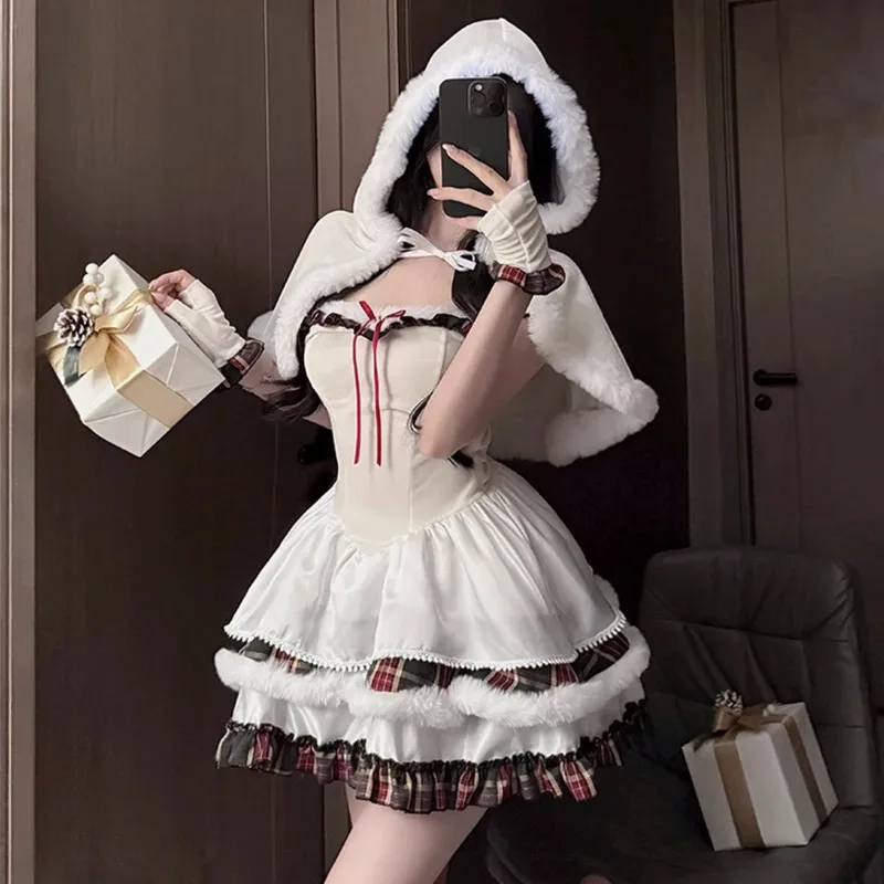 Winter Cute Christmas White Plush Ruffle Shawl Dress Women Sweet Santa Claus Cosplay Costume Mrs Claus Party Mini Dress Cloak