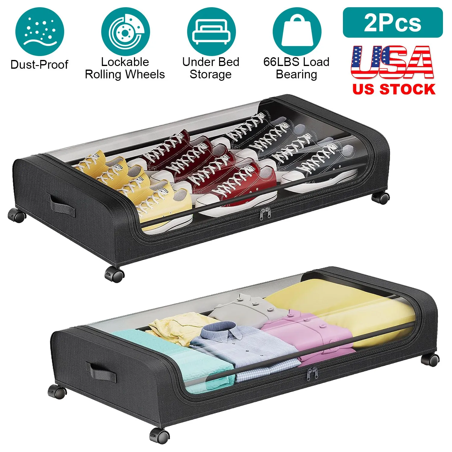 

2 Pack Rolling Under Bed Storage Containers with Wheels Clear Lid Heavy Duty Clothes Shoe Organizer Bins US Local Delivery