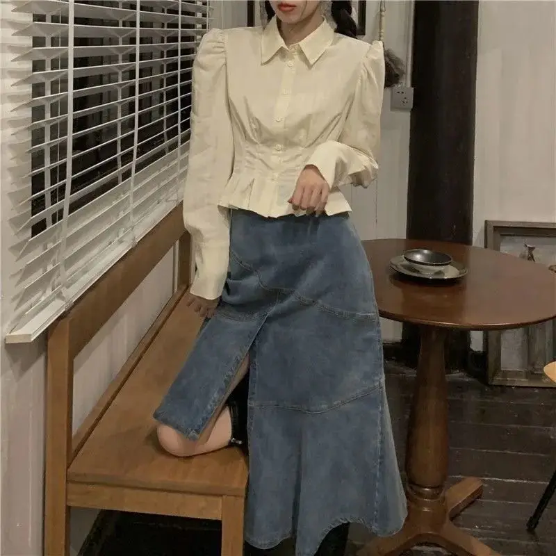 

Long Sleeve Shirts Womens Satin Oversized Button Down Tops Lantern Sleeves Pleated Hem Feminine French Style Casual Spring Wear