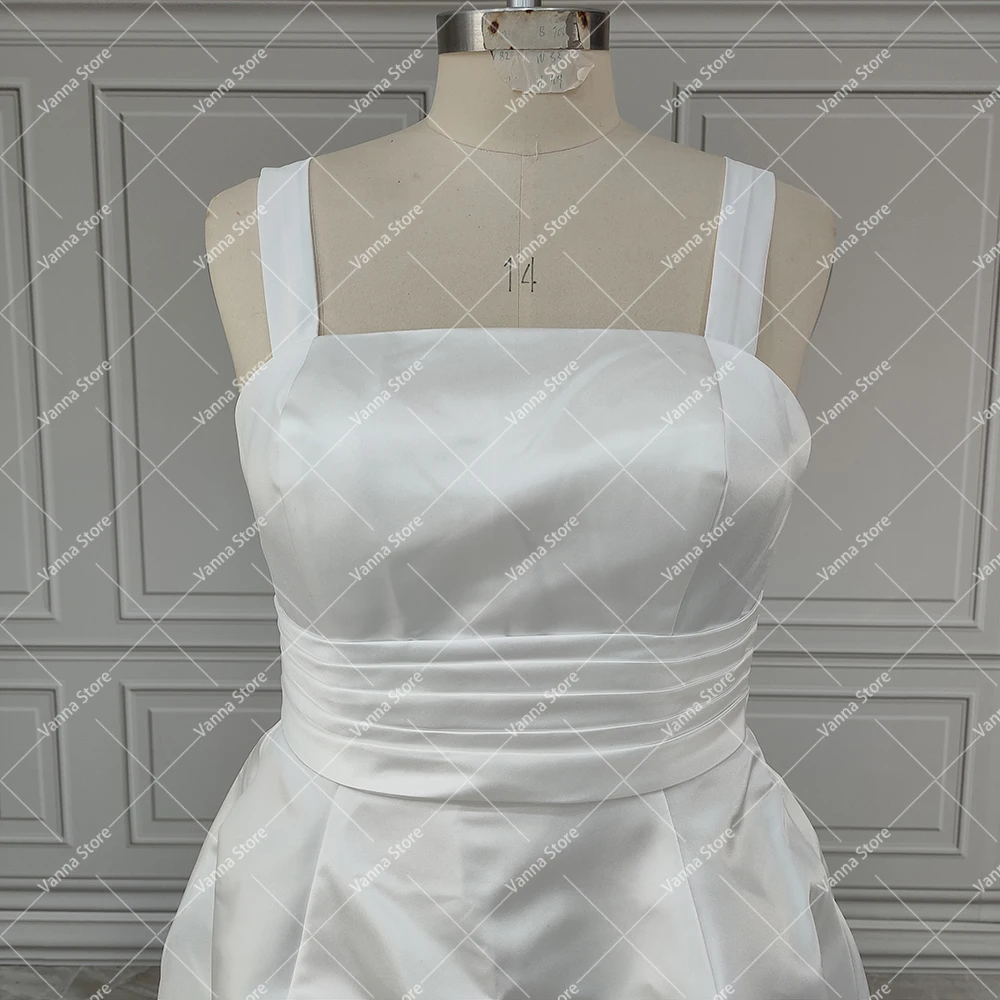 Short Mini Satin Square Neck Bridal Gown Large Bow Train Custom Made Plus Size Open Back Above Knee Length Puffy Wedding Dress