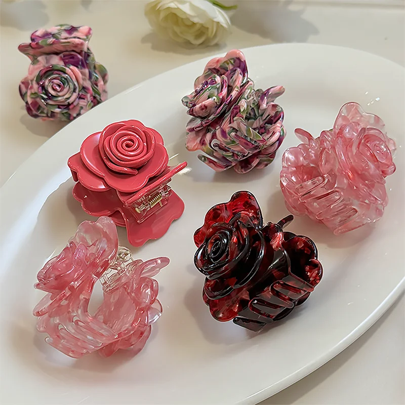 Colorful Rose Flower Hair Claw Clip Fairy Medium Hairpin Crab Hair Clip for Woman Girls Summer Princess Floral Hair Accessories